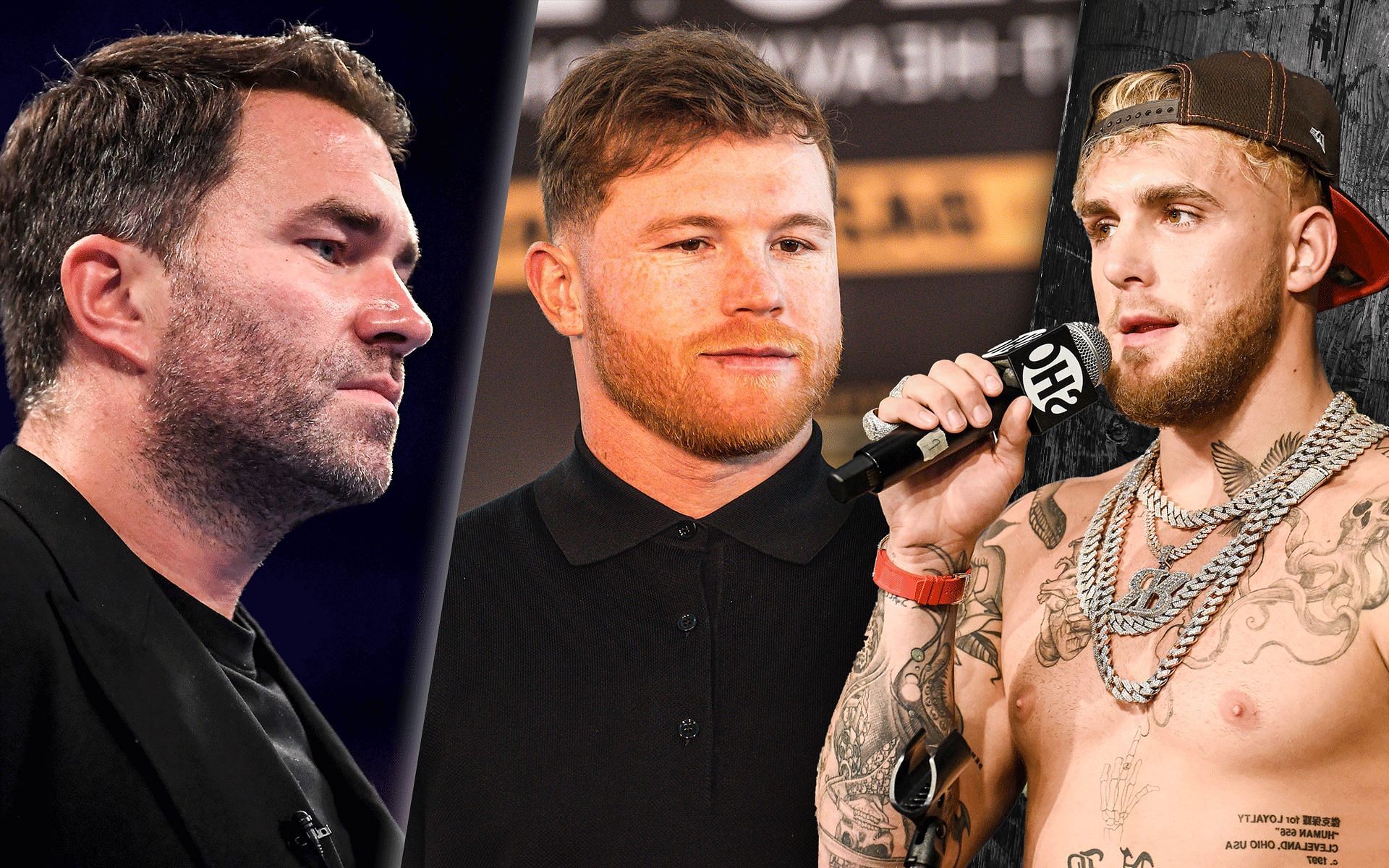 Eddie Hearn (left), Canelo Alvarez (center) &amp; Jake Paul (right)