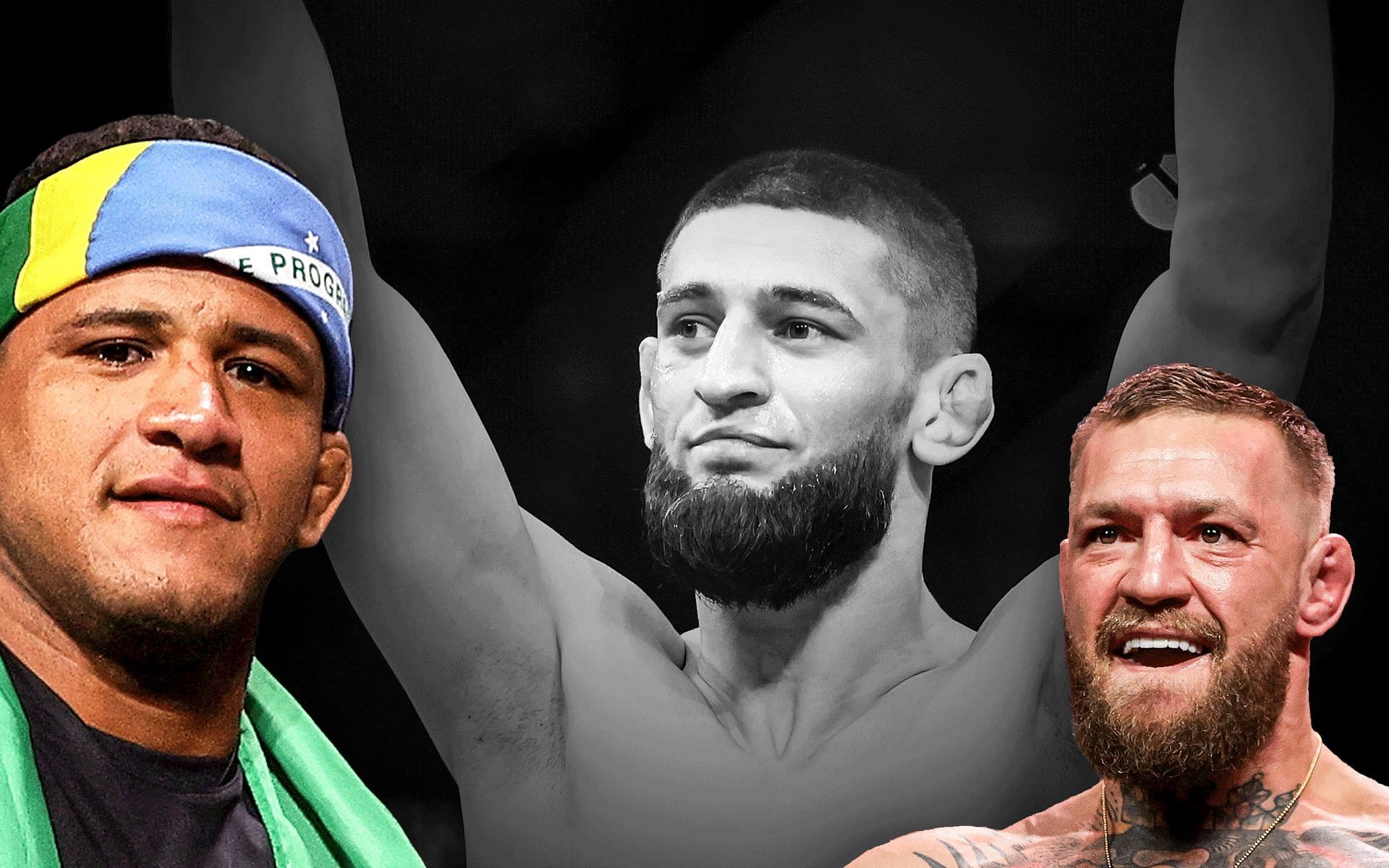 Gilbert Burns (left), Khamzat Chimaev (center), Conor McGregor (right)