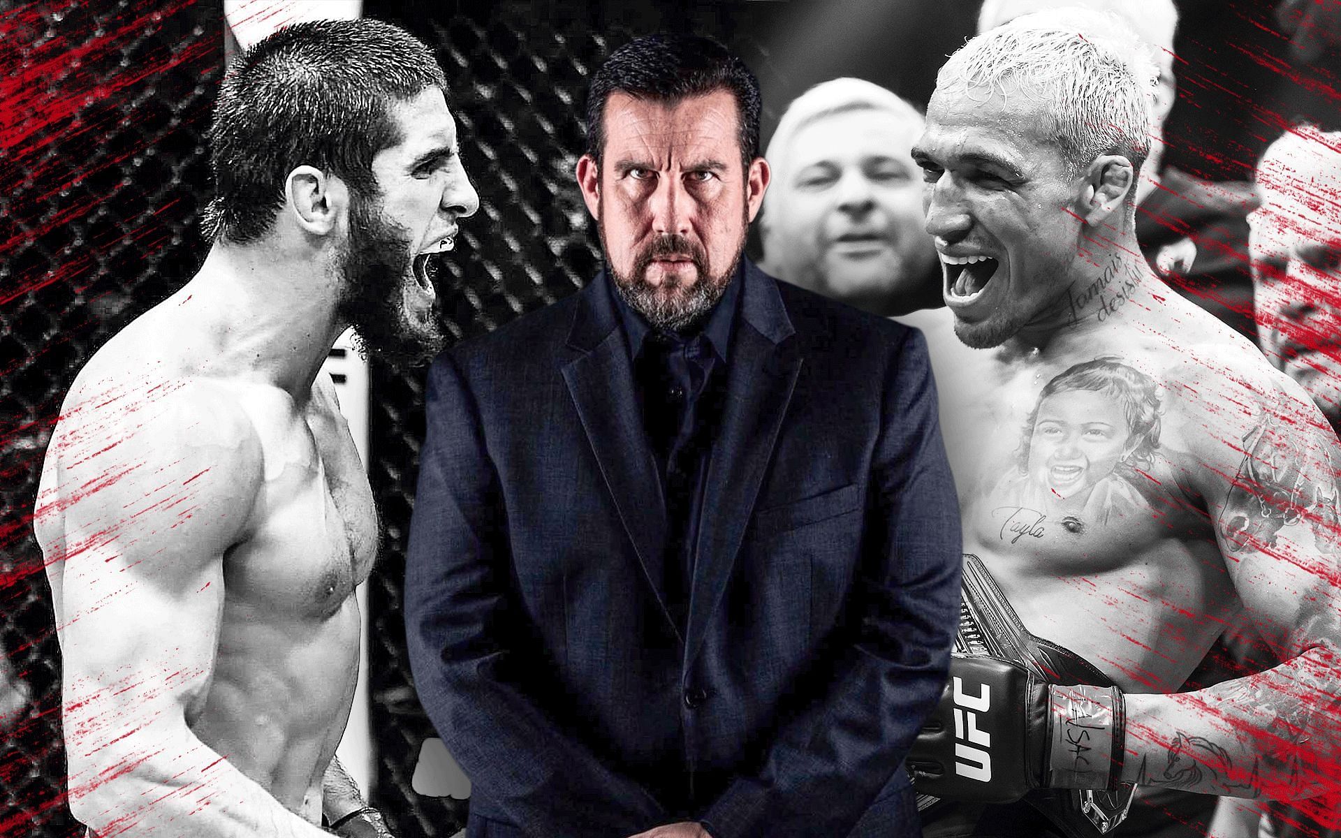 Islam Makhachev (left), John McCarthy (center), Charles Oliveira (right) [Images courtesy @ufc &amp; @johnmccarthymma on Instagram]