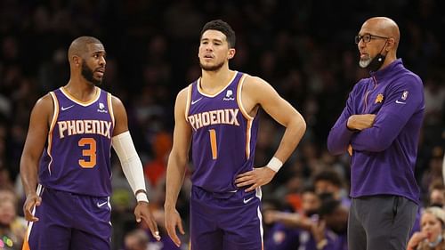 Phoenix Suns' Chris Paul and Devin Booker with head coach Monty Williams [Source Arizona Sports]