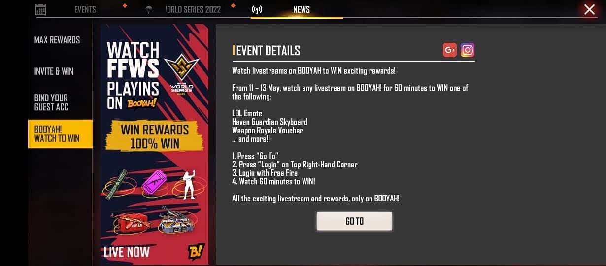 Prizes offered by the latest Watch to Win event in the battle royale games (Image via Garena)