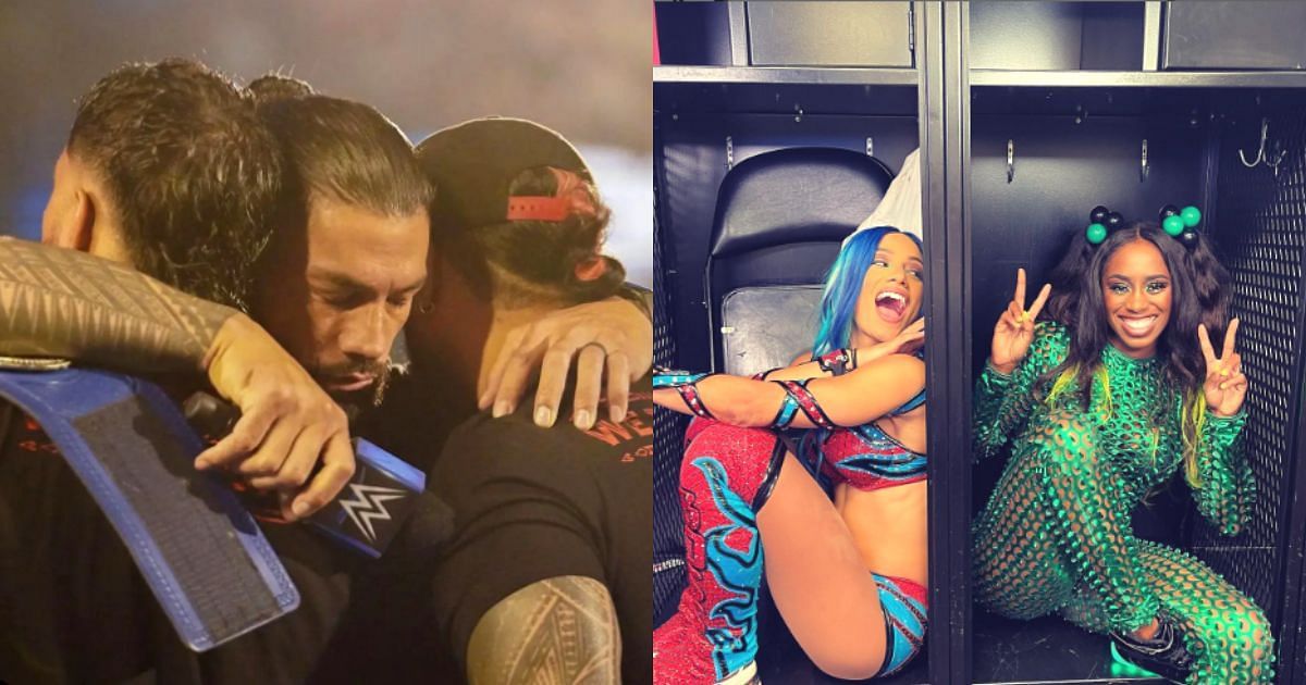 The Usos, Roman Reigns, Sasha Banks, and Naomi.