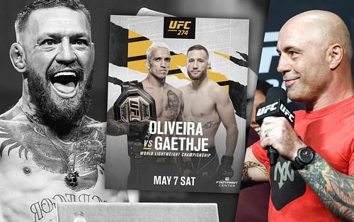 (L to R) Conor McGregor, Charles Oliveria vs. Justin Gaethje poster, Joe Rogan (Center image via @ufc on Instagram)