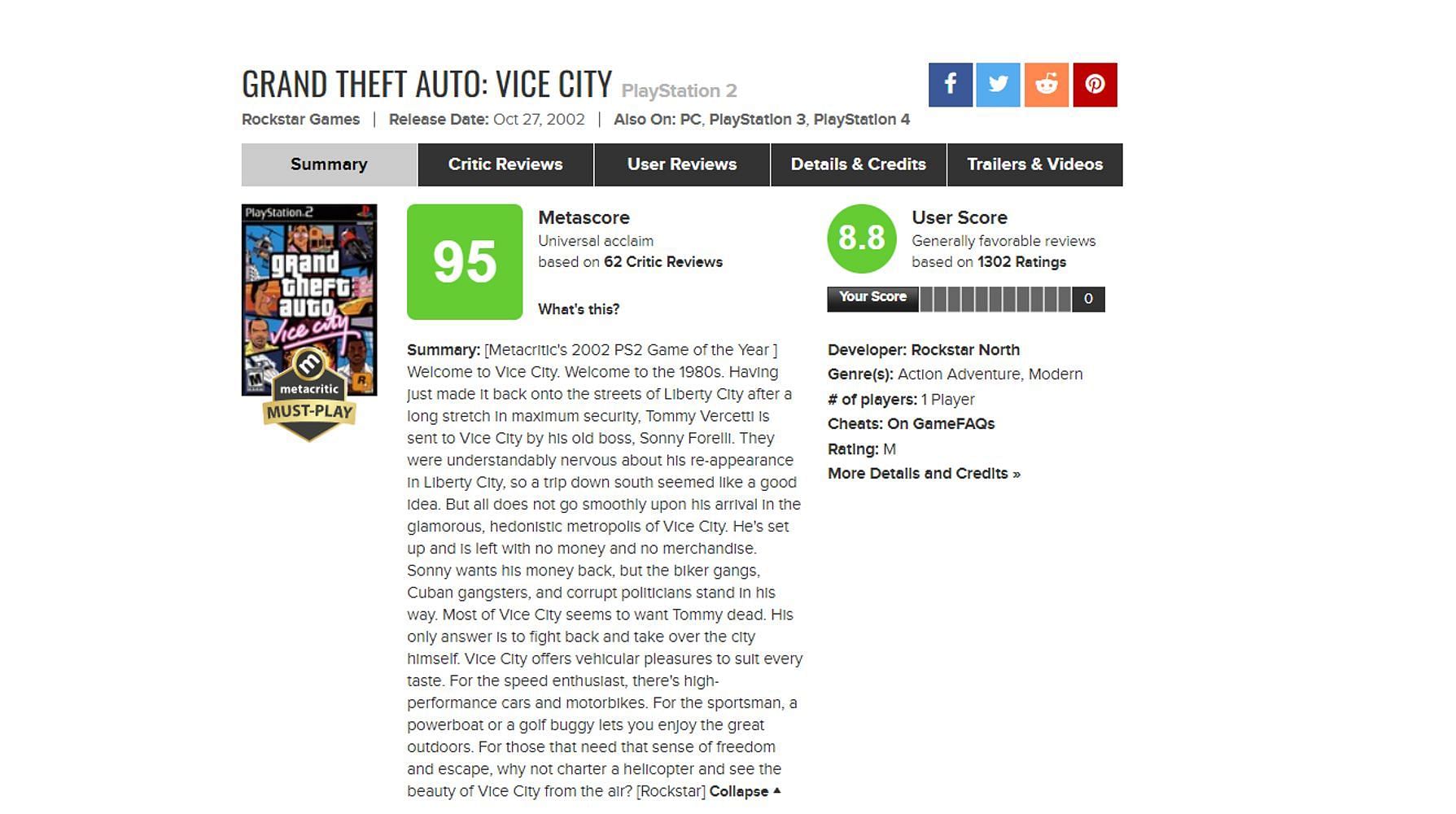 The game has a score of 95 out of 100 on Metacritic from critics (Image via Metacritic)