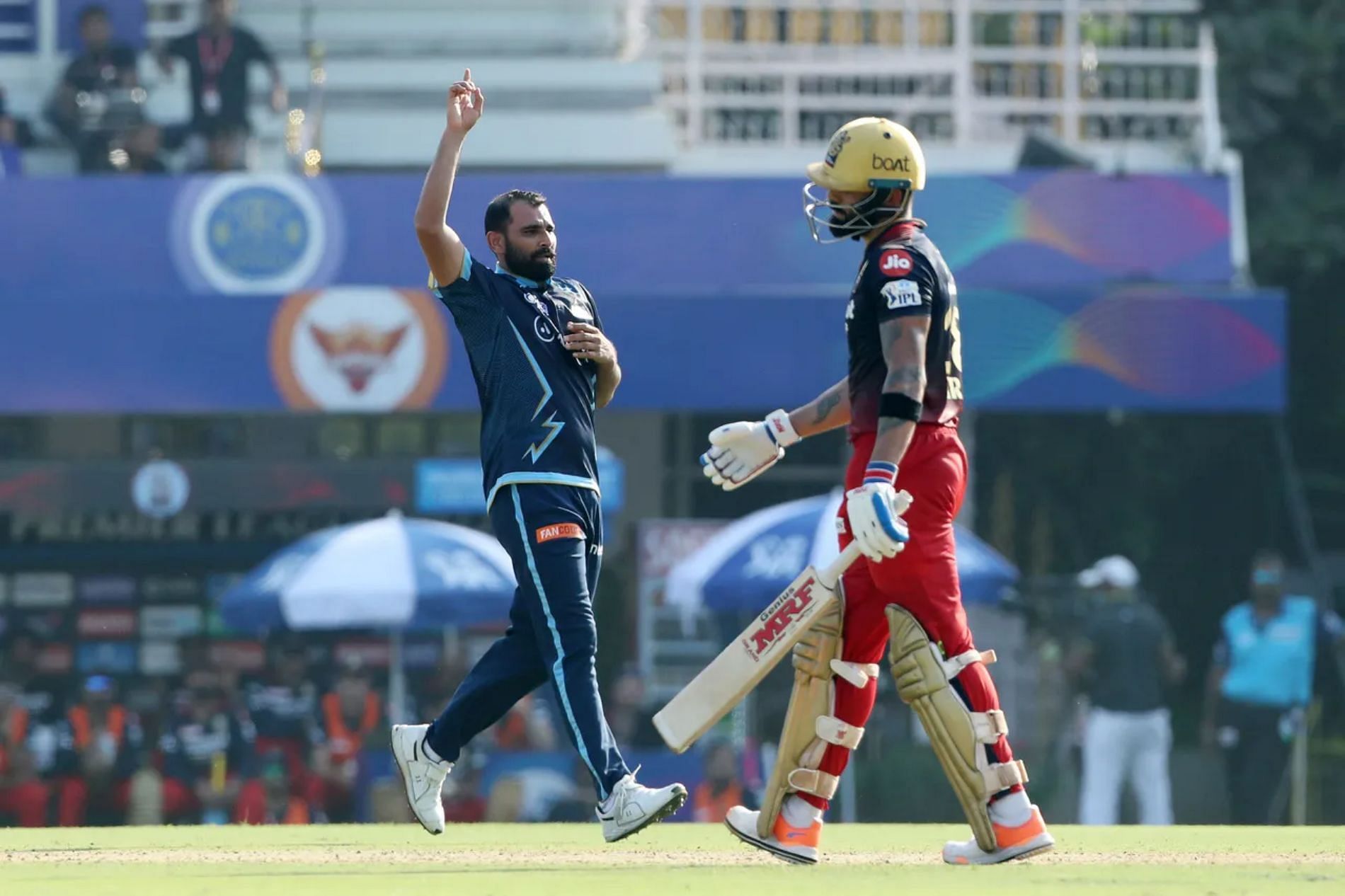 Gujarat Titans (GT) seamer Mohammed Shami celebrates the wicket of Virat Kohli. Pic: IPLT20.COM