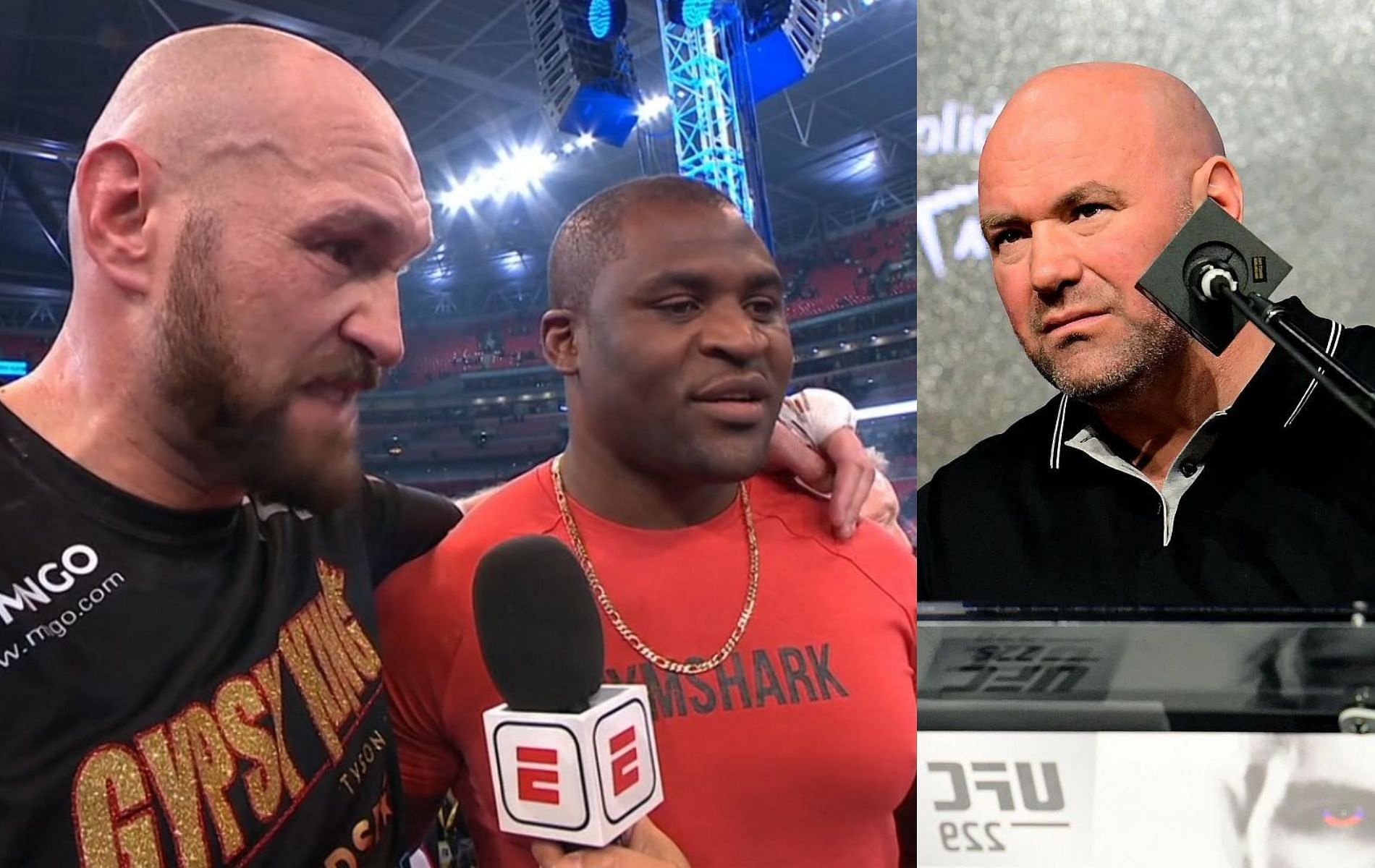 Tyson Fury (left), Francis Ngannou (center) &amp; Dana White (right) [Image Credits- @MichaelBensonn on Twitter]