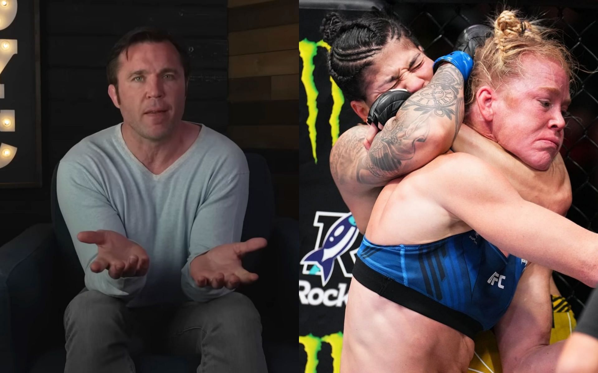 Chael Sonnen (left), Ketlen Vieira and Holly Holm (right) [Images courtesy: Chael Sonnen via YouTube, and @ufc via Instagram]