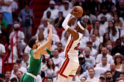 Jimmy Butler guarded by Jayson Tatum in Game One