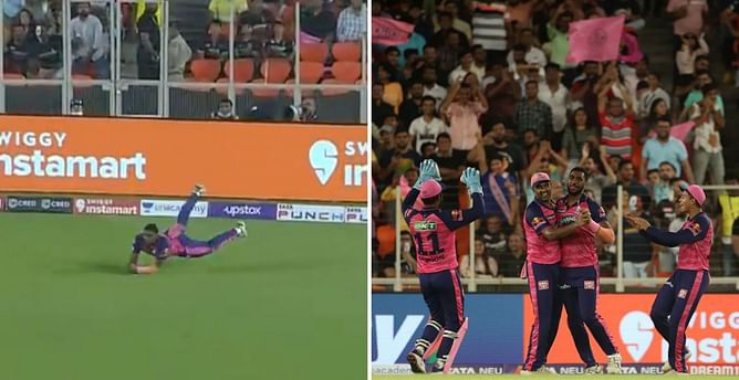 [Watch] RR's Obed McCoy grabs brilliant catch diving forward to dismiss Glenn Maxwell in Qualifier 2