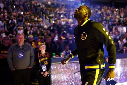 Draymond Green #23 of the Golden State Warriors gets ready for Game Five of the Western Conference First Round NBA Playoffs against the Denver Nuggets at Chase Center on April 27, 2022 in San Francisco, California.