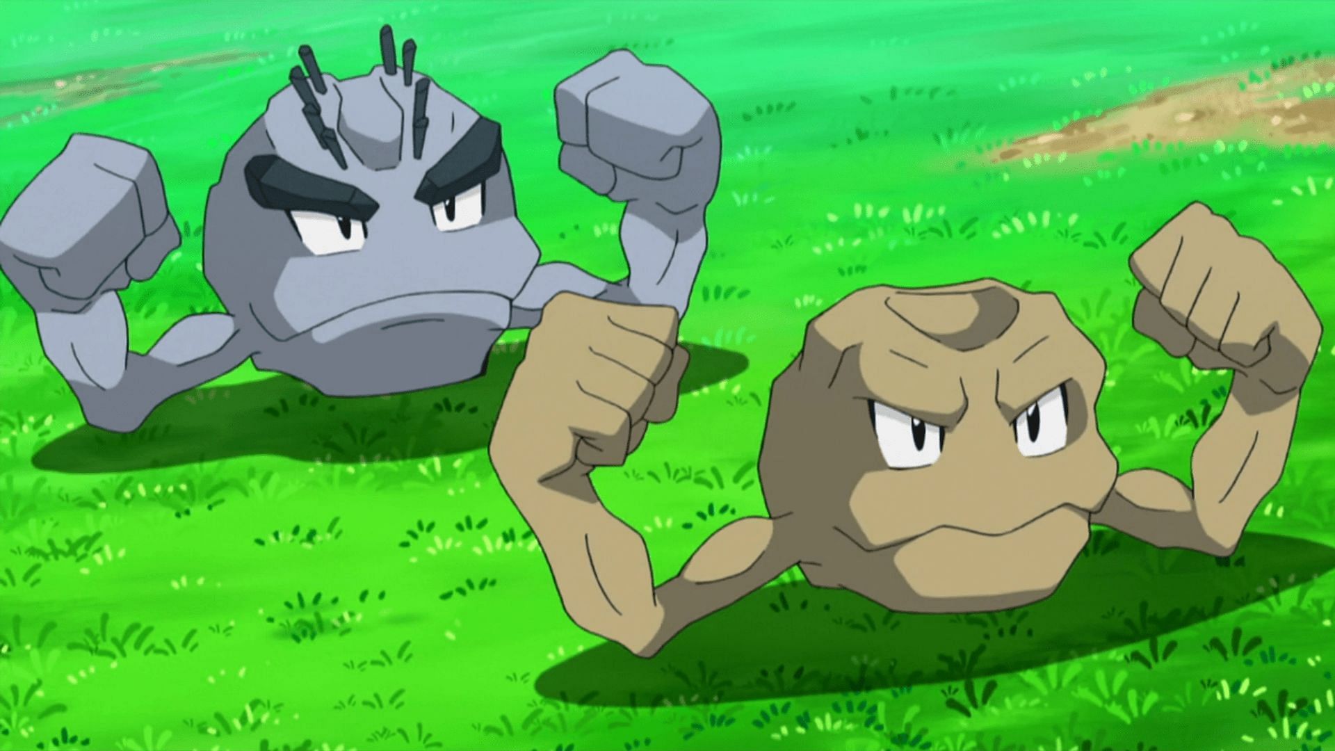 An Alolan Geodude pictured next to its standard variant in the anime (Image via The Pokemon Company)