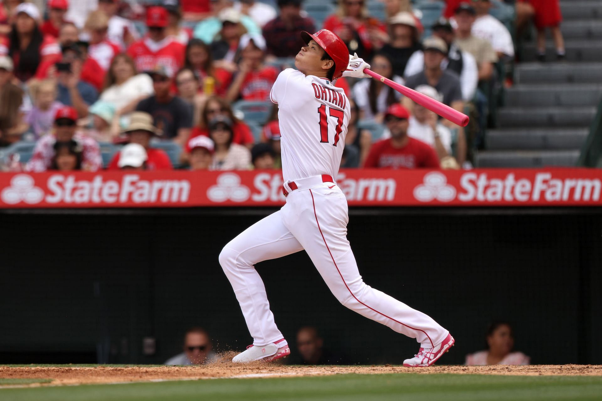 Shohei Ohtani of the Los Angeles Angels hits in the fifth inning.