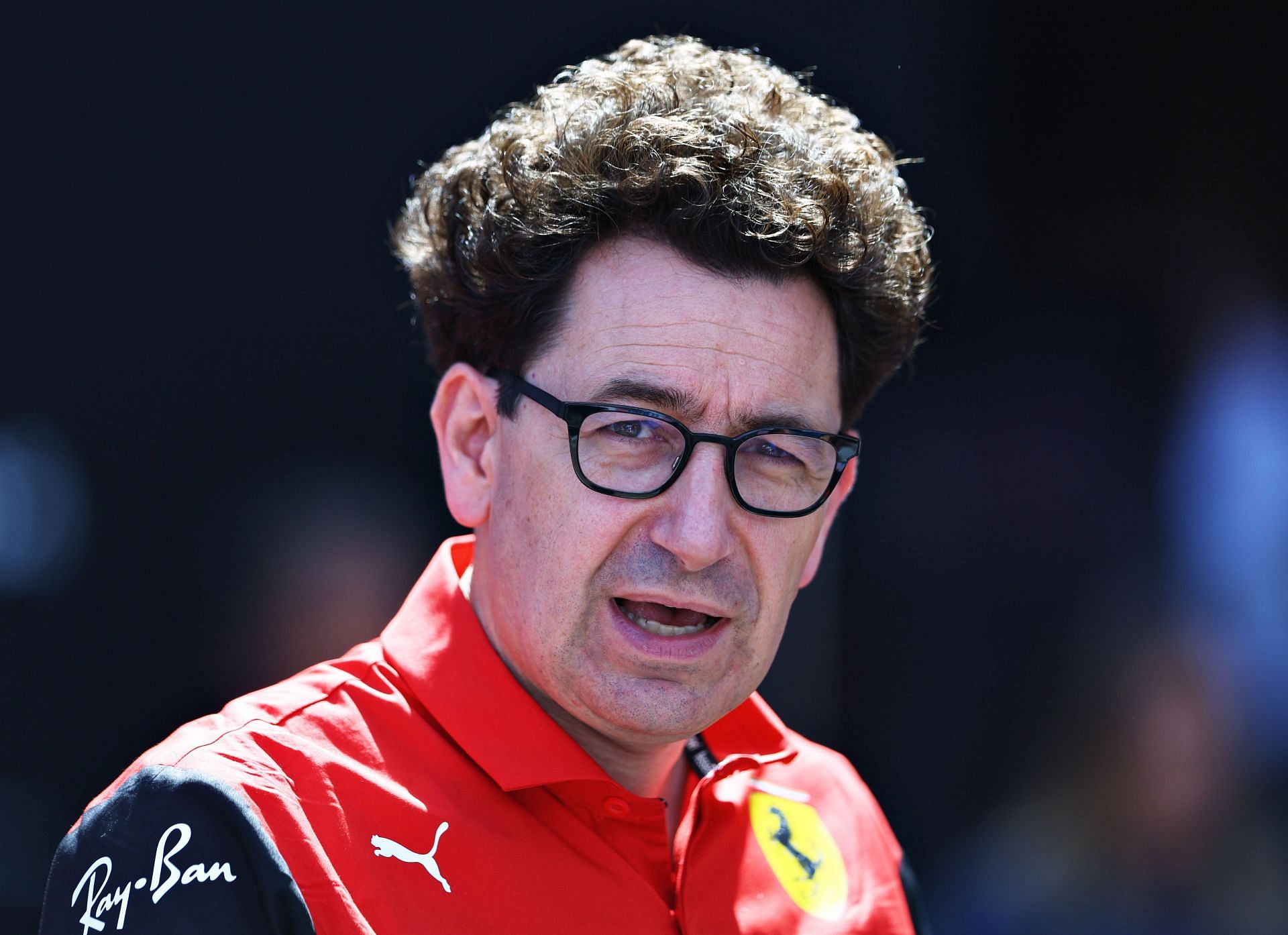 Ferrari team principal Mattia Binotto talks to the media in the Paddock before the 2022 F1 Monaco GP (Photo by Clive Rose/Getty Images)