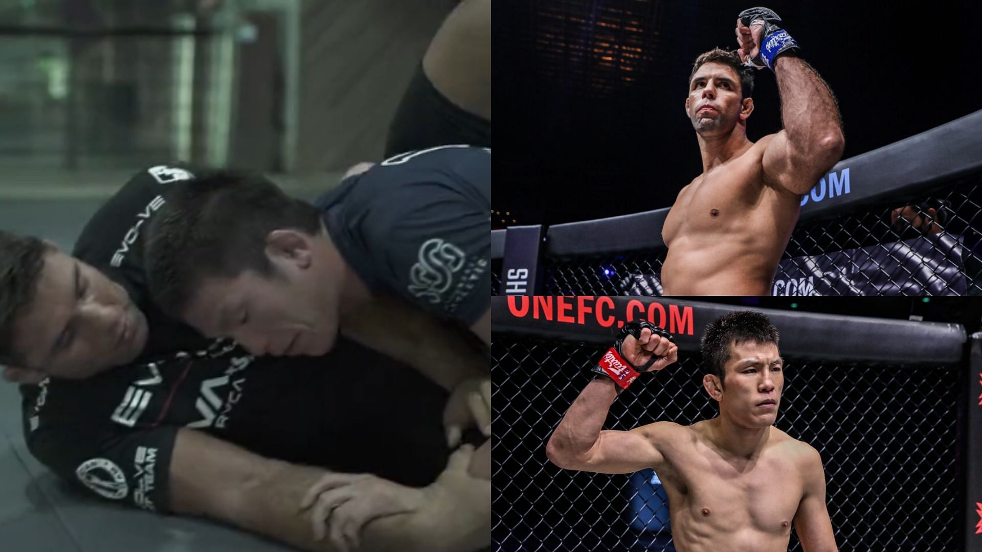 Marcus &#039;Buchecha&#039; Almeida and Shinya Aoki (left), &#039;Buchecha&#039; (top right), Aoki (bottom right) [Photo Credits: @ONEChampionship on Twitter and ONE Championship]  