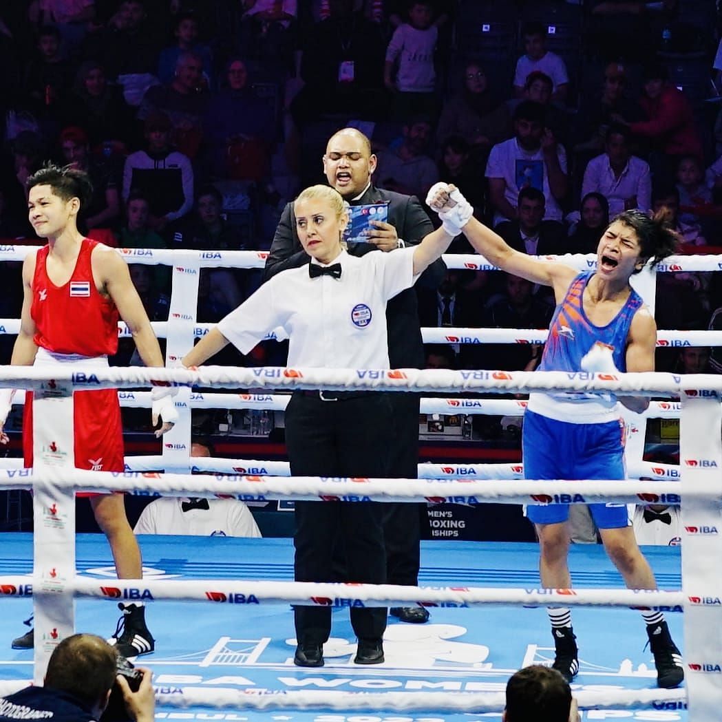 Nikhat Zareen's winning moment in the final of the World Boxing Championships (Image credits: BFI)