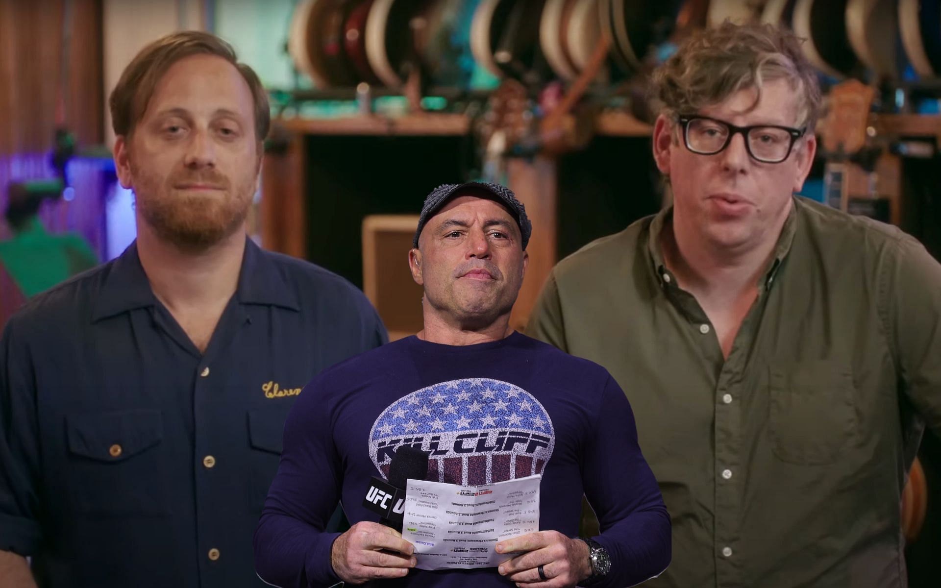 Dan Auerbach (left), Joe Rogan (center) and Pat Carney (right) (Images via YouTube / FunnyOrDie and Getty)