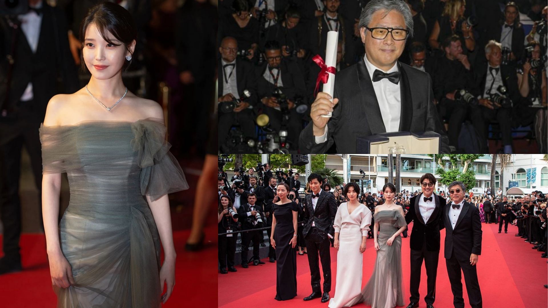 IU, Park Chan-wook, and Broker&#039;s crew at Cannes 2022 (Image via Getty Images, Yonhap)