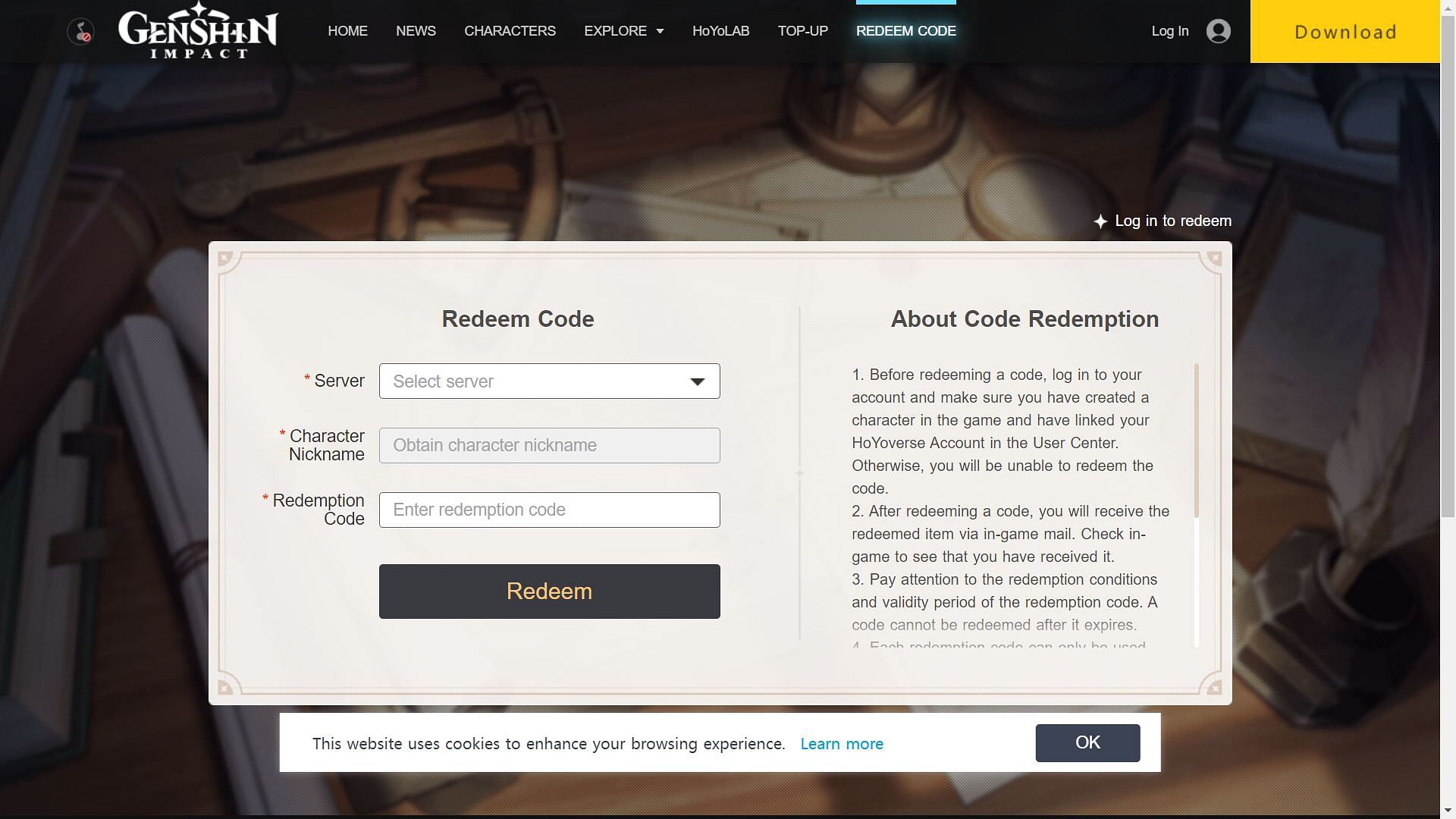 Official website to redeem code (Image via HoYoverse)