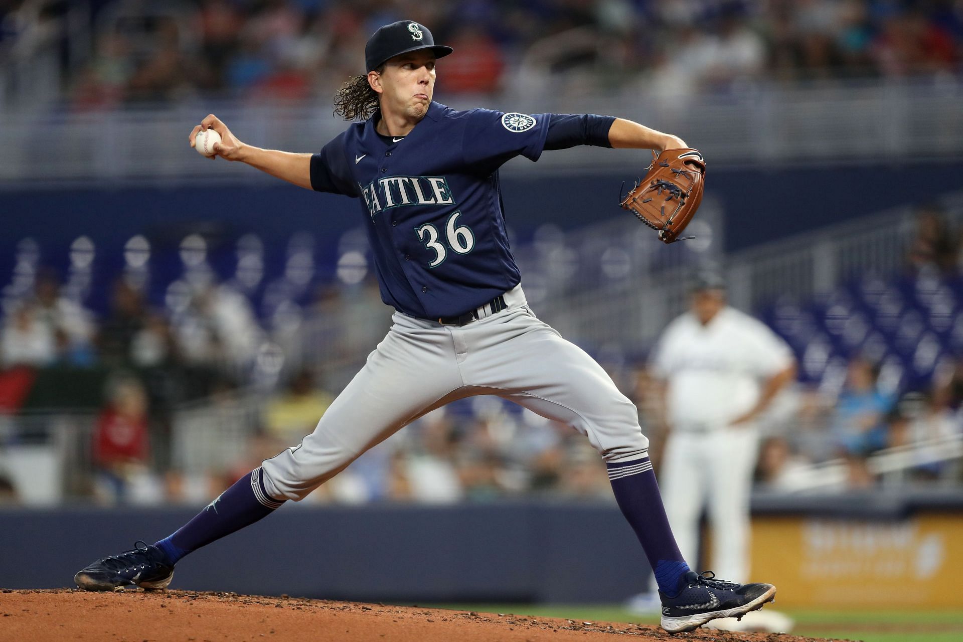Logan Gilbert of the Seattle Mariners delivers a pitch against the Miami Marlins.