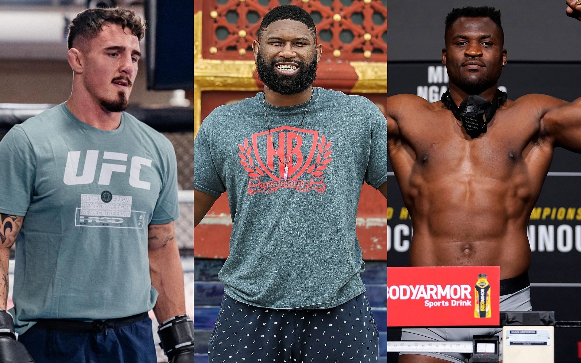 Tom Aspinall (left, image courtesy of UFC.com); Curtis Blaydes and Francis Ngannou (center and right, images courtesy of Getty)