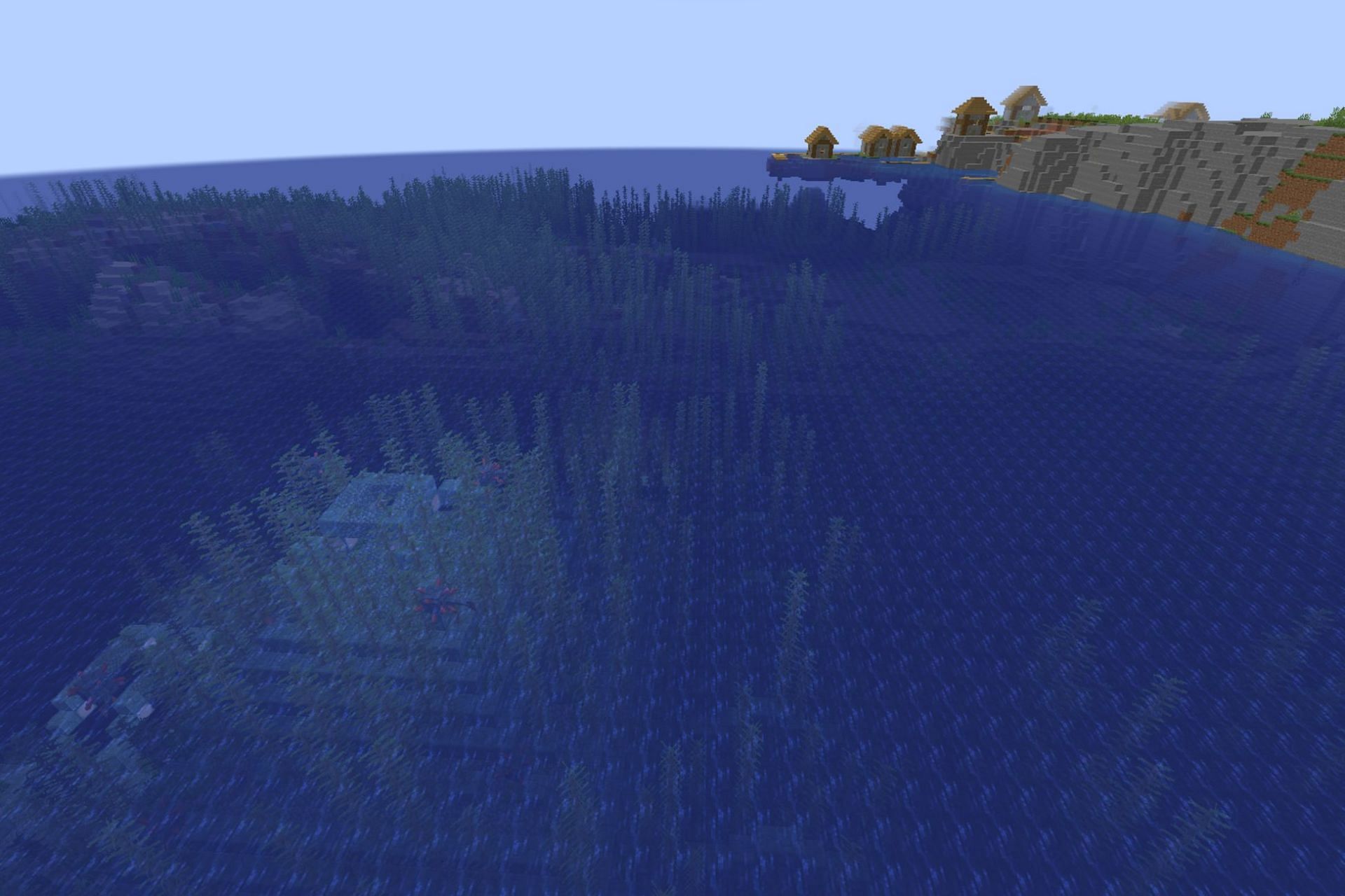 Players can easily access two ocean monuments from a lone island village (Image via Mojang)