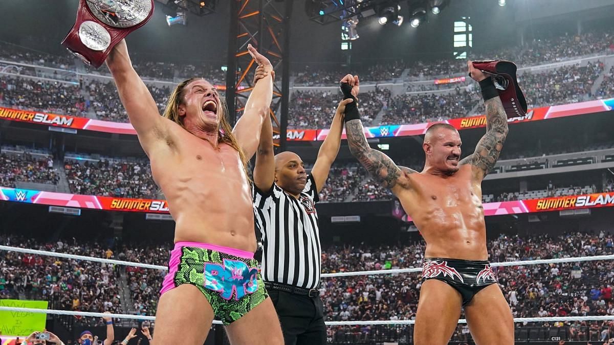 Randy Orton &amp; Matt Riddle celebrating as the WWE Raw Tag Team Champions