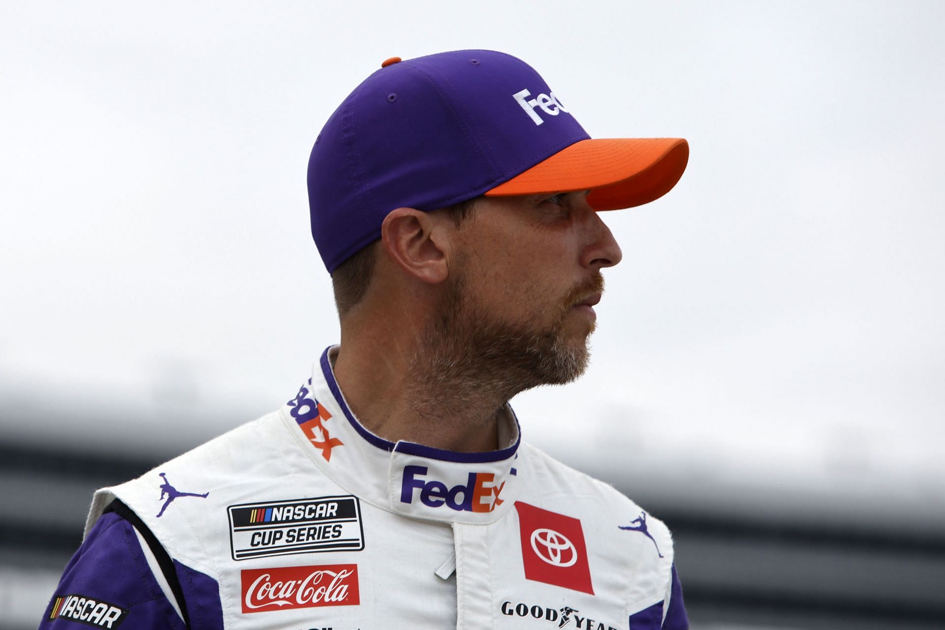 Denny Hamlin looks on during the elimination bracket qualifying for the NASCAR Cup Series All-Star Race at Texas Motor Speedway. (Photo by Sean Gardner/Getty Images)