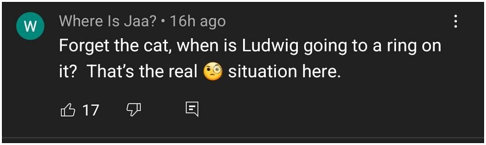 When will Ludwig finally put a ring on it? That&#039;s the question eating at one YouTube commenter (Image via YouTube)