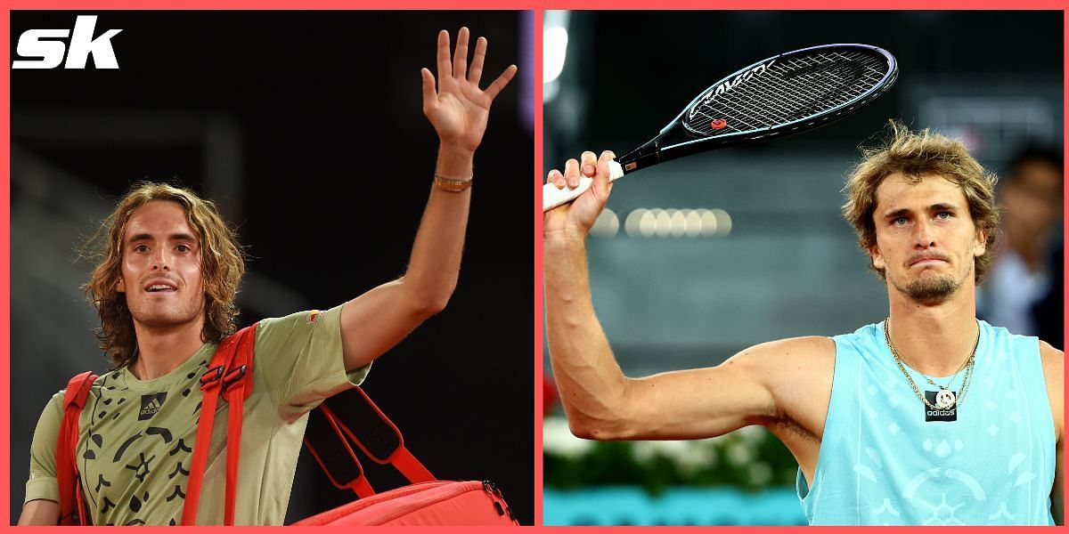 Enter caption Tsitsipas (L) is set to meet Zverev (R) in the semifinals of the Madrid Open