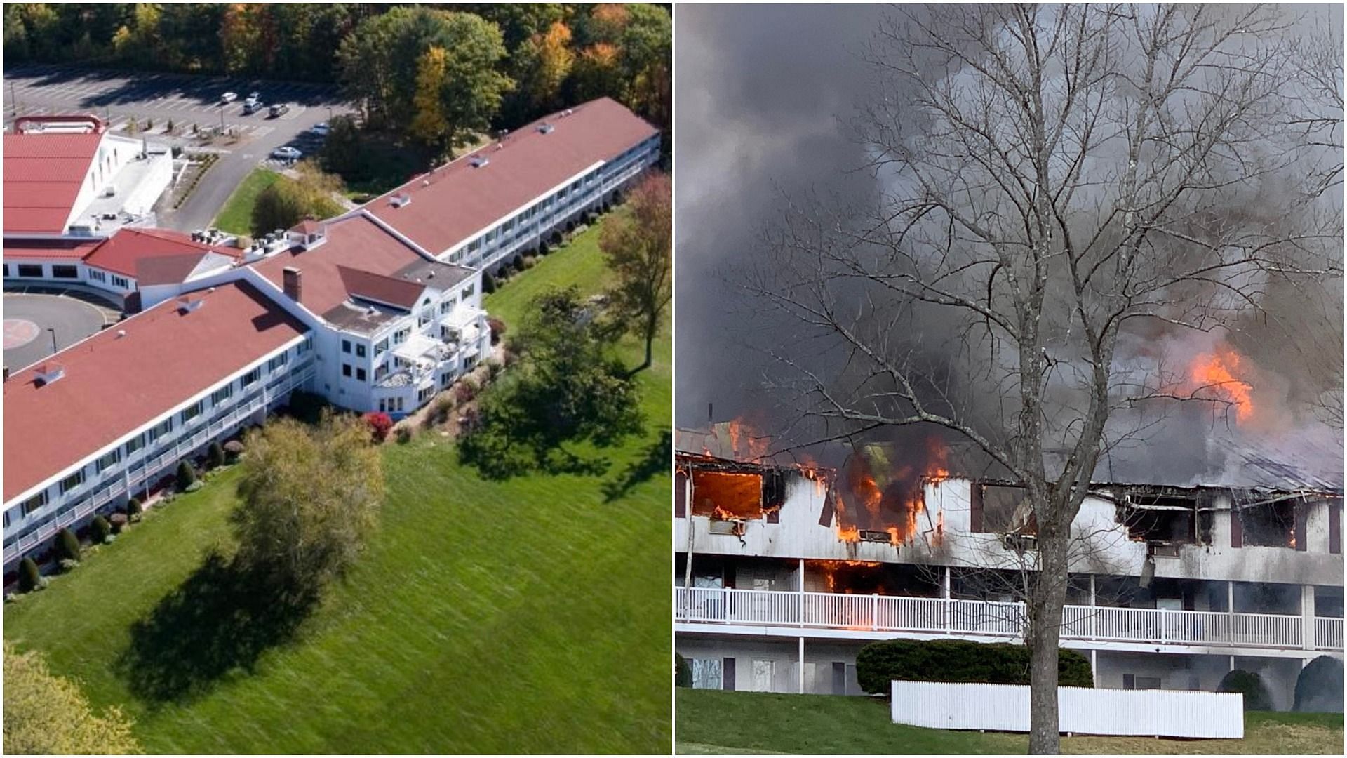 Red Jacket Resort&#039;s south wing was destroyed by the fire (Image via @MAFireFollowers and @LaurenWGME/Twitter)