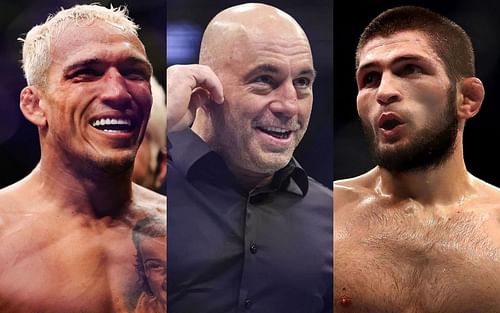 (From left to right) Charles Oliveira, Joe Rogan, and Khabib Nurmagomedov