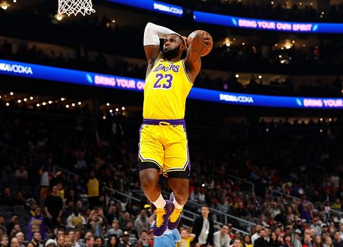 James scoring a basket with the Los Angeles Lakers v Atlanta Hawks