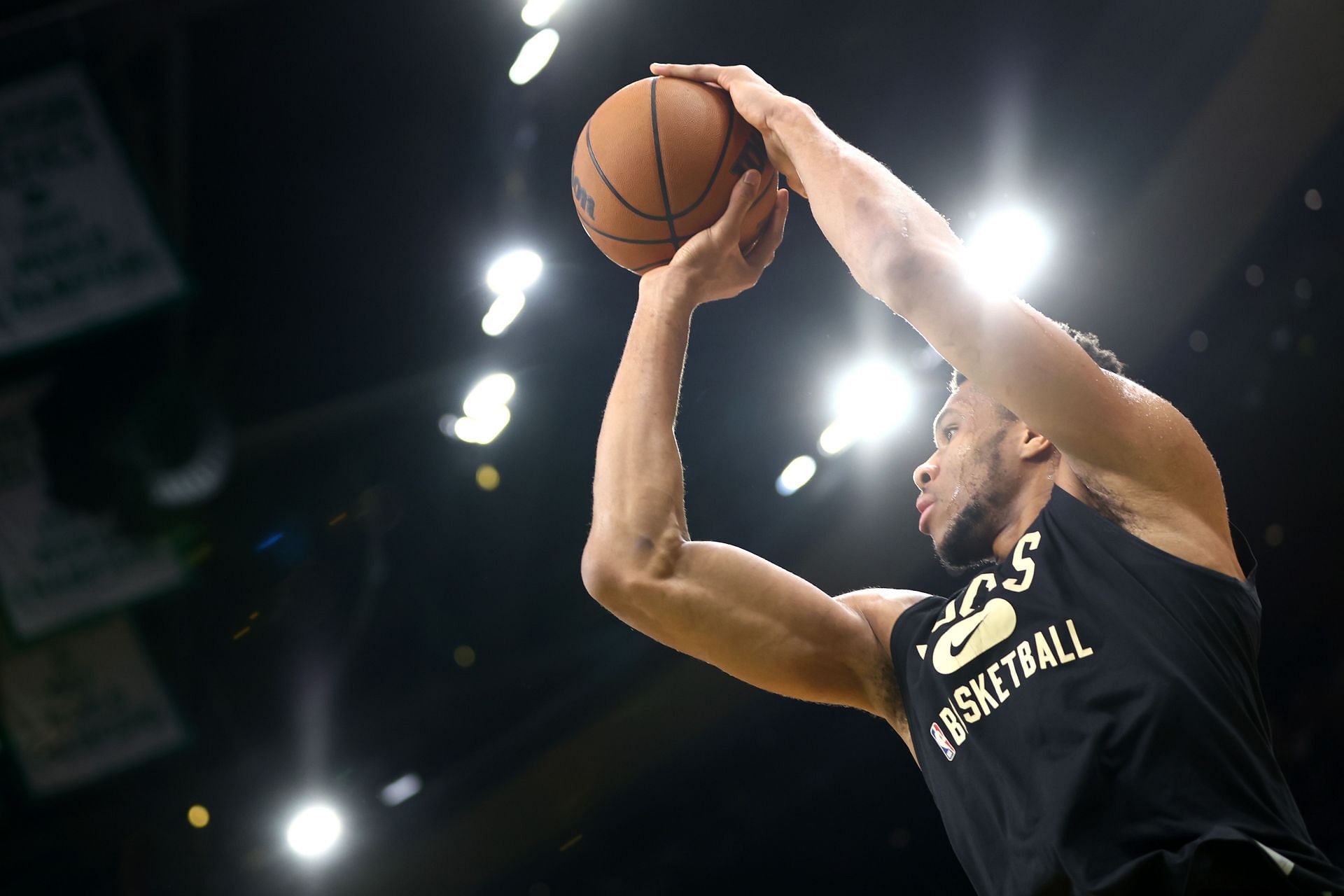 Giannis Antetokounmpo of the Milwaukee Bucks shooting during warm-ups.