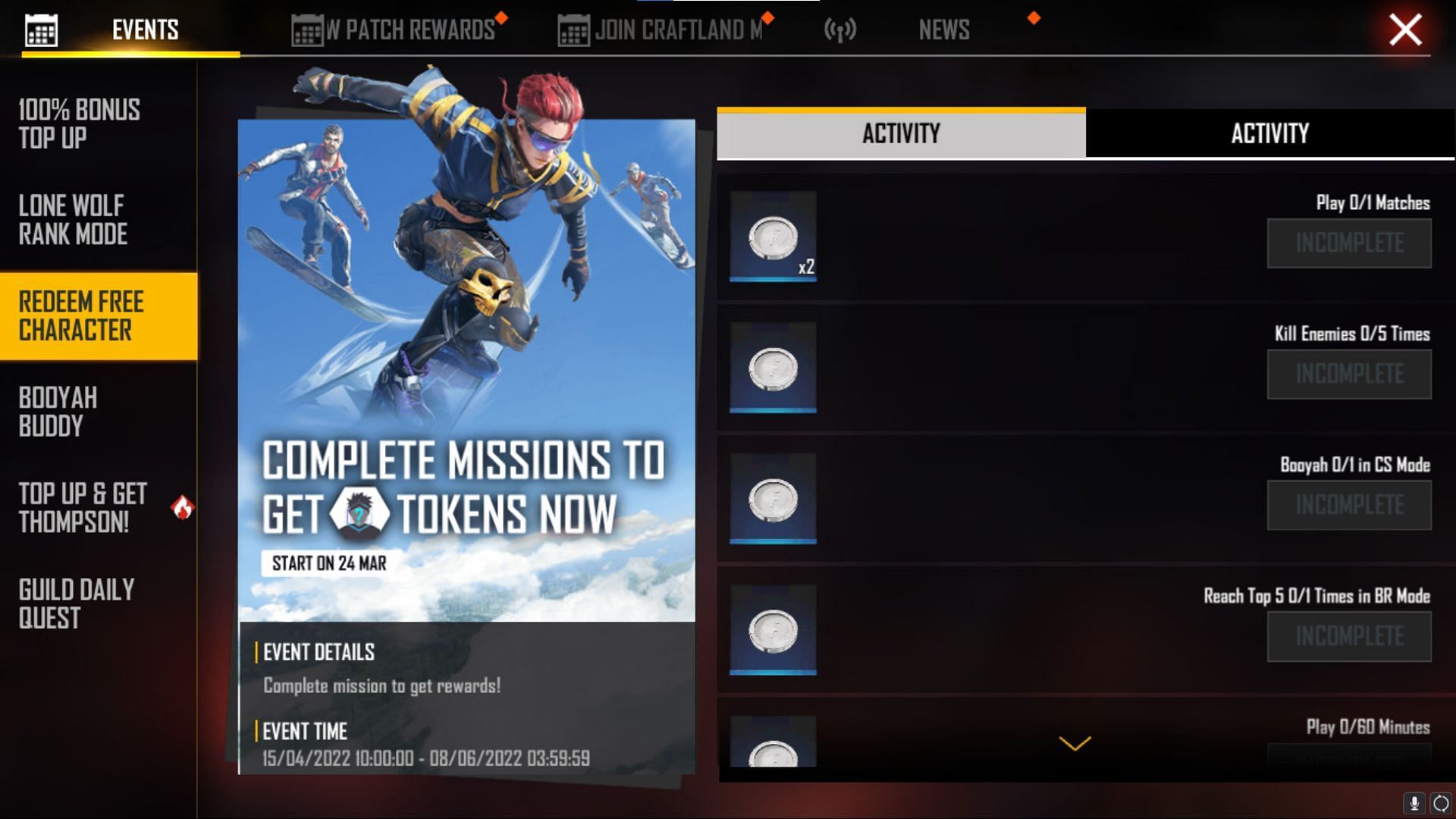 These are the different daily missions that players must complete to get the tokens (Image via Garena)