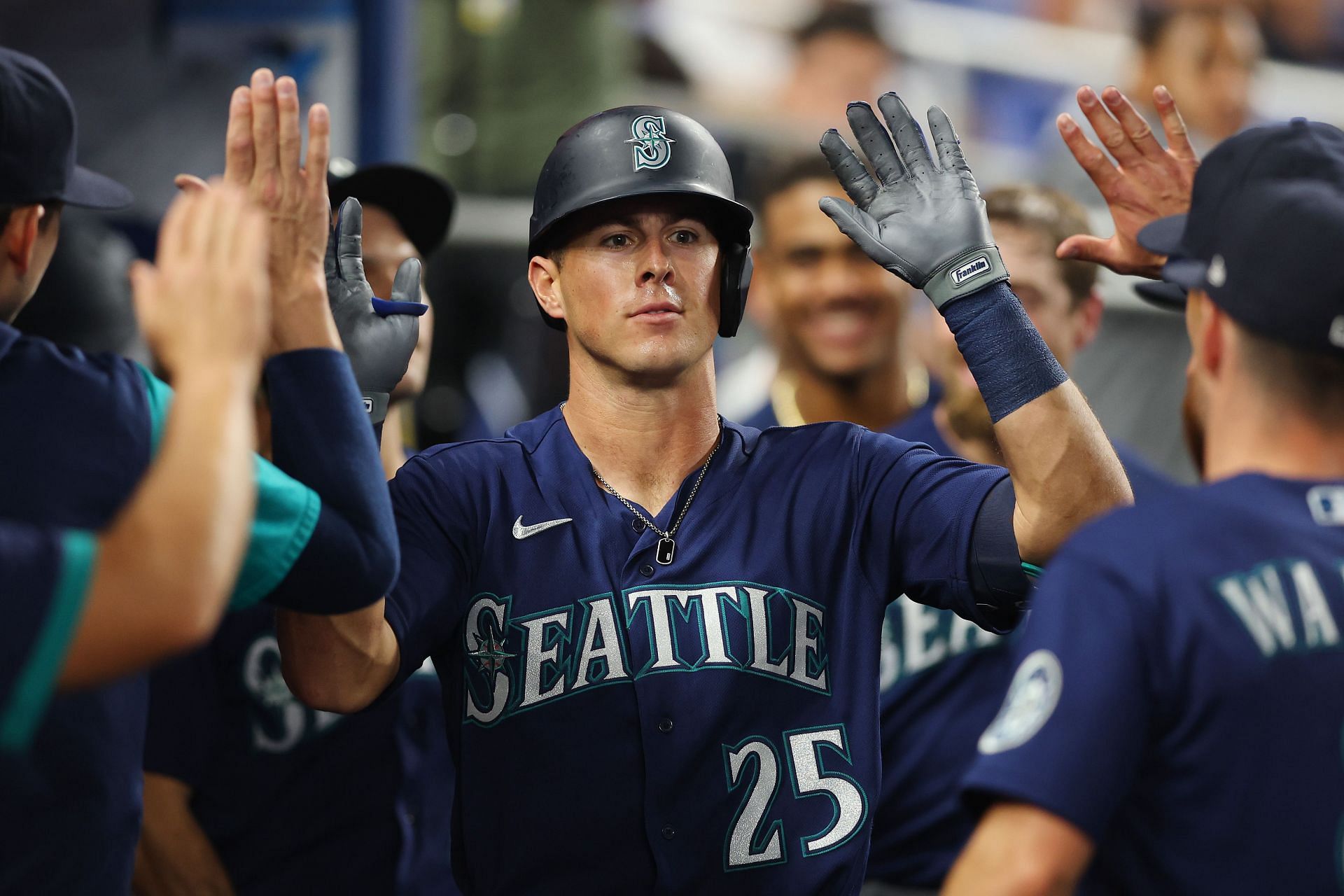 Dylan Moore of the Seattle Mariners celebrates his solo home run.