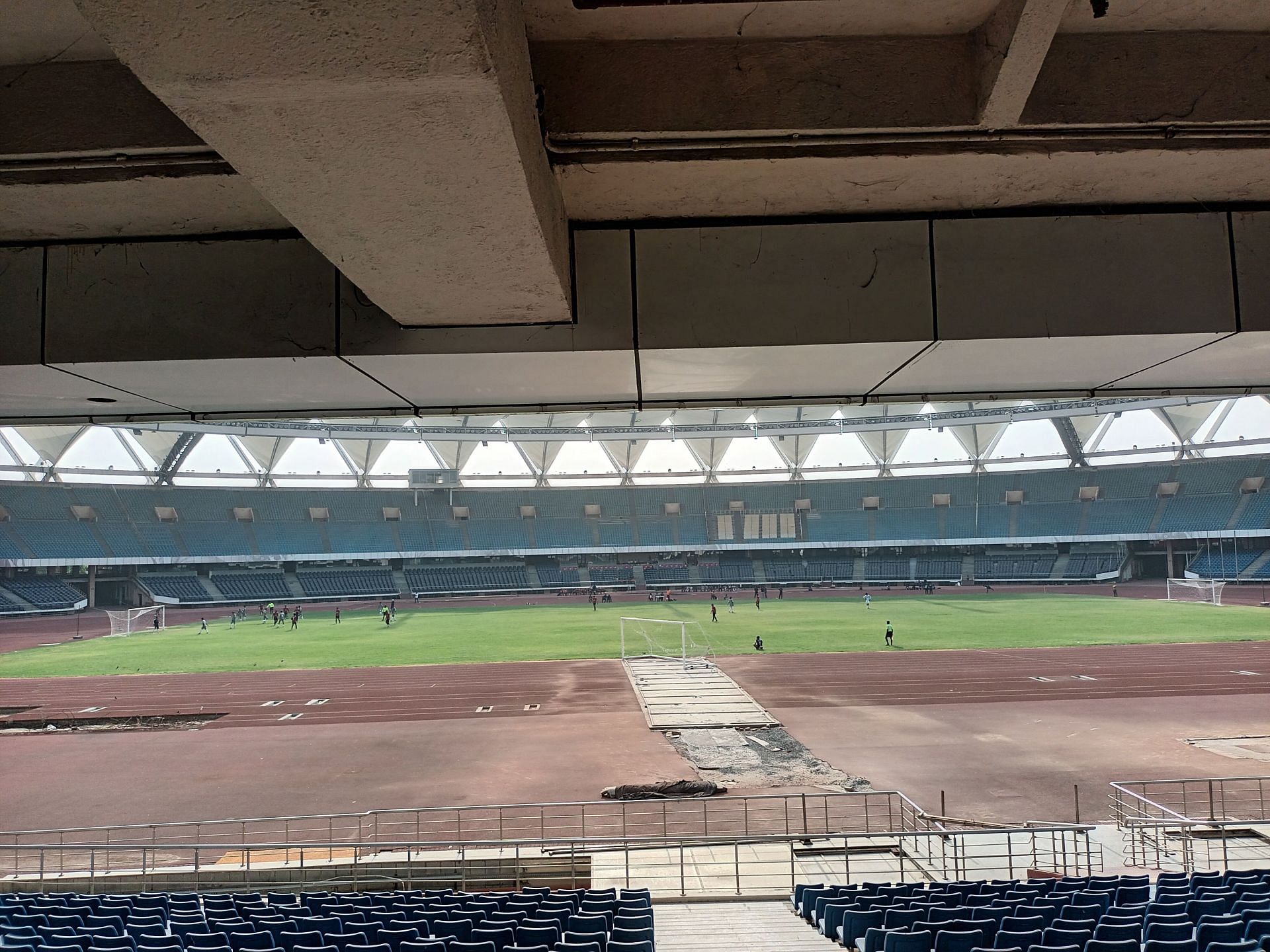 The eight-lane synthetic track at Delhi&rsquo;s Jawaharlal Nehru Stadium under repair since 2019.