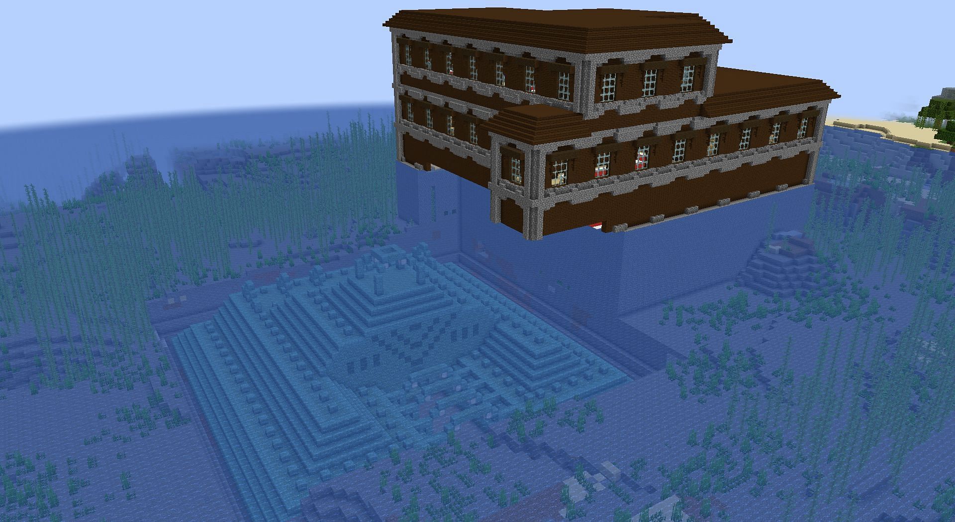 Woodland Mansion and Ocean Monument generated side by side (Image via Minecraft snapshot 22w18a)