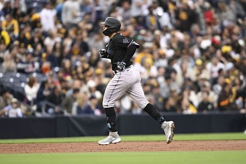 Joe Dunand hits a home run in his first Major League at-bat. Miami Marlins v San Diego Padres