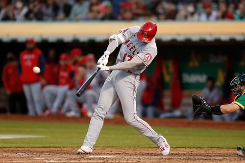 Shohei Ohtani connects with a pitch and launches a home run during a Los Angeles Angels v Oakland Athletics game.