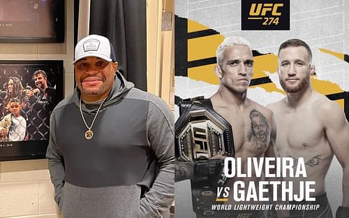 Daniel Cormier (L), Charles Oliveira vs. Justin Gaethje poster (R) (via @dc_mma and @justin_gaethje on Instagram)