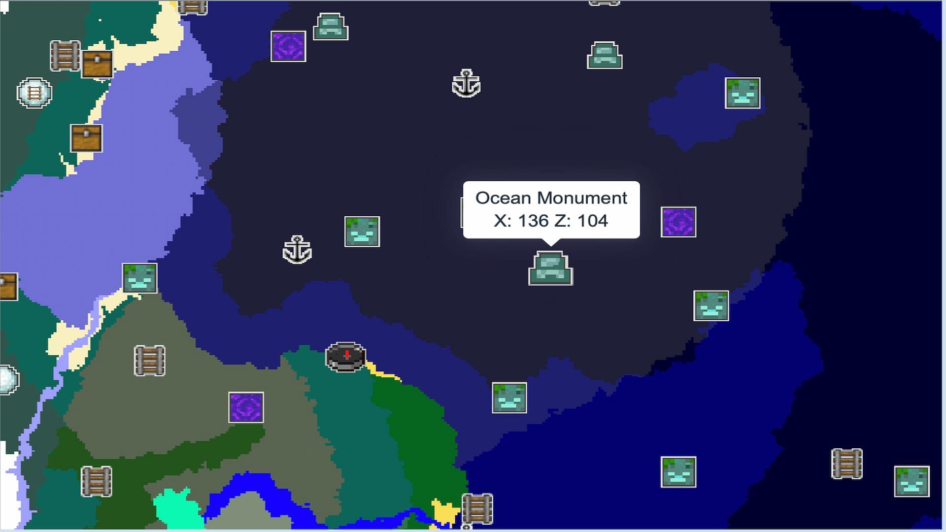 Minecraft players who use this seed can easily find an ocean monument right off the coast (Image via chunkbase.com)
