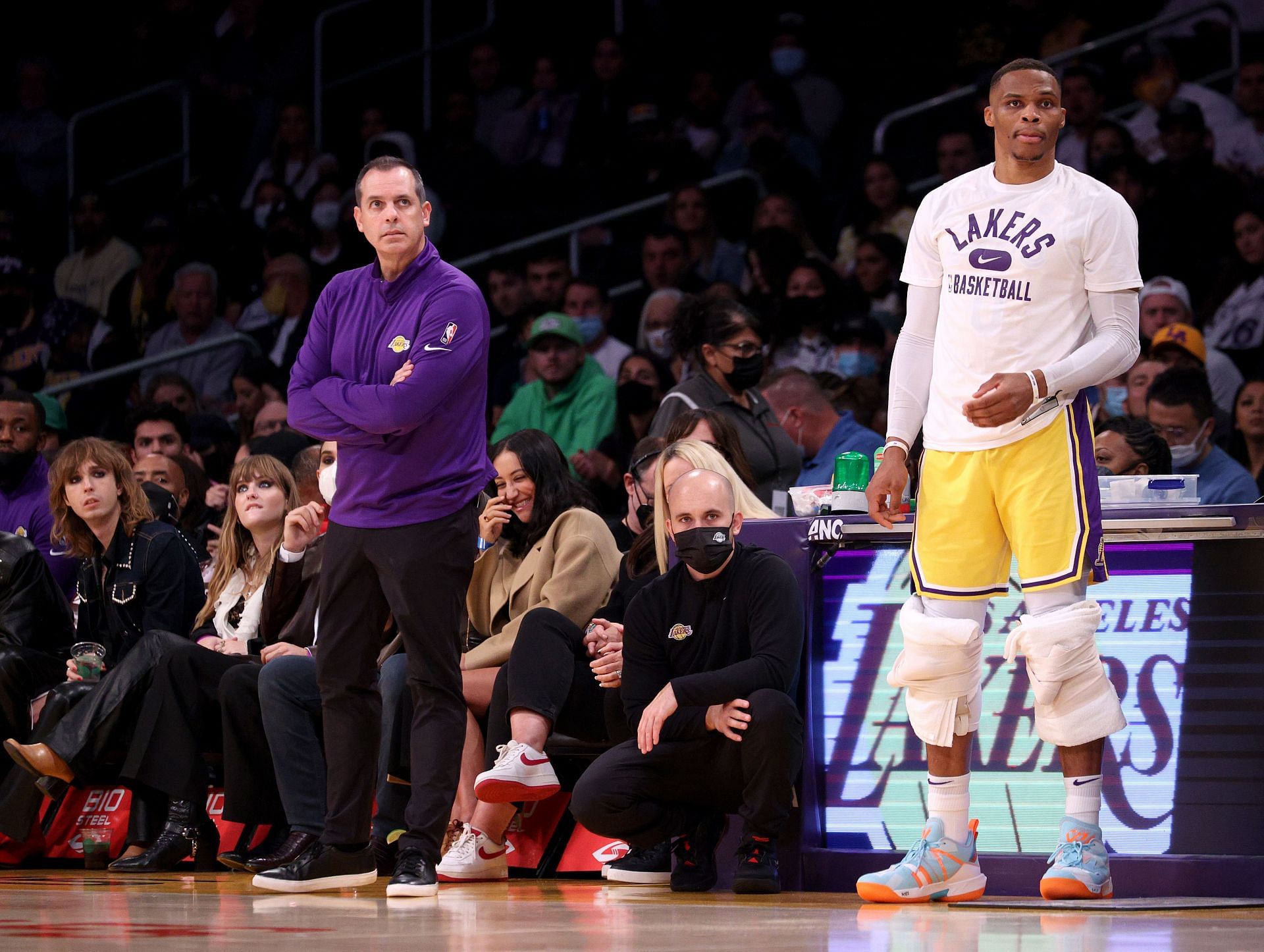 Russell Westbrook #0 and head coach Frank Vogel watch play during the first half during a 107-104 Oklahoma City Thunder win at Staples Center on November 04, 2021 in Los Angeles, California.