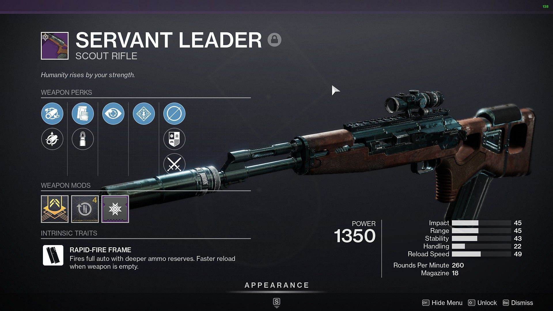 The Servant Leader&#039;s stats in the game (Image via Destiny 2)