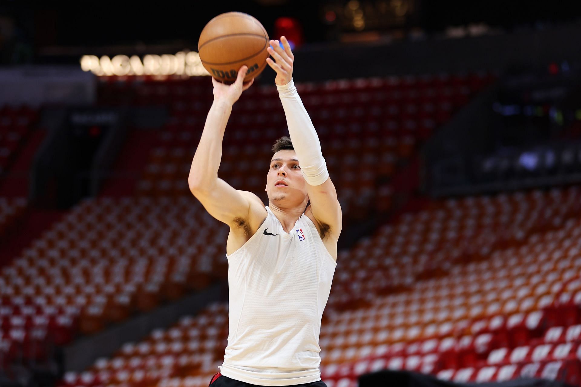 Tyler Herro No. 14 of the Miami Heat warms up prior to Game 1.