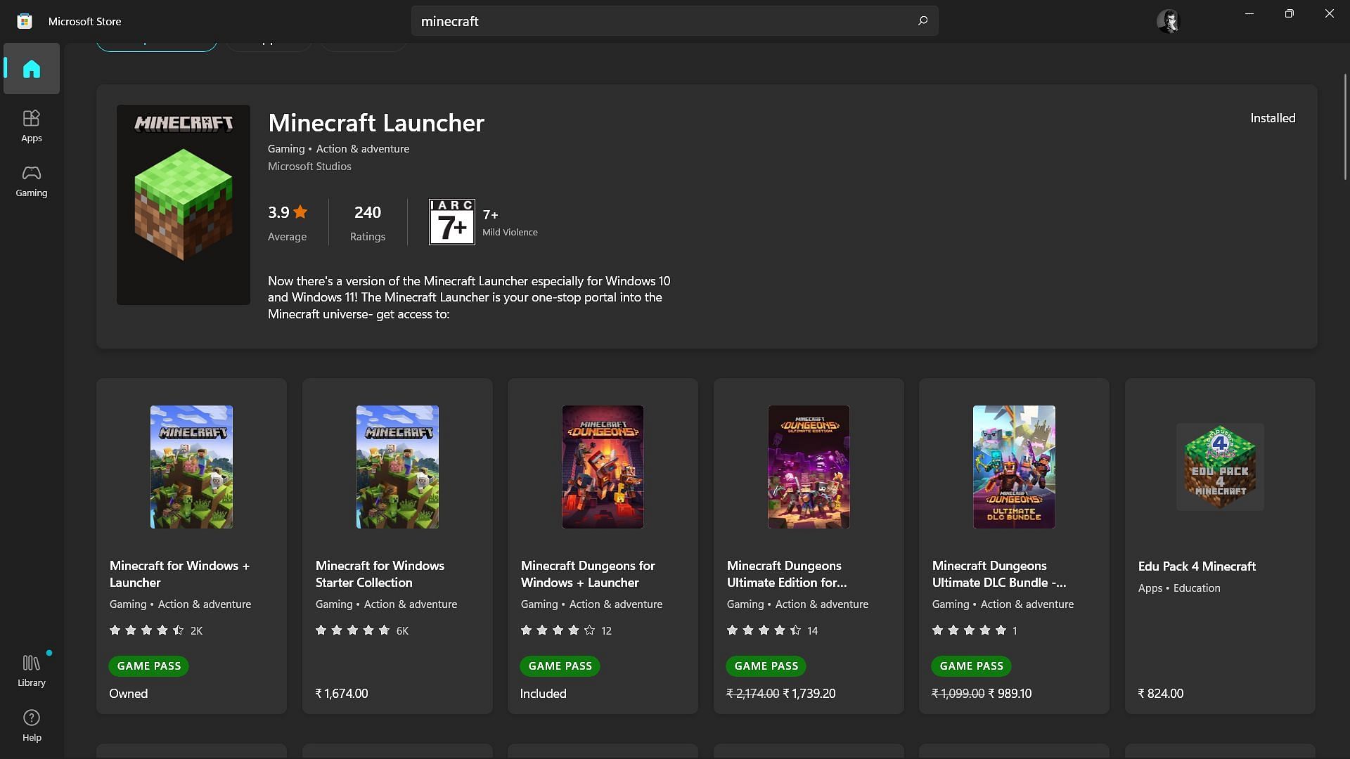 Search result for the game in the Microsoft store (Image via Sportskeeda)