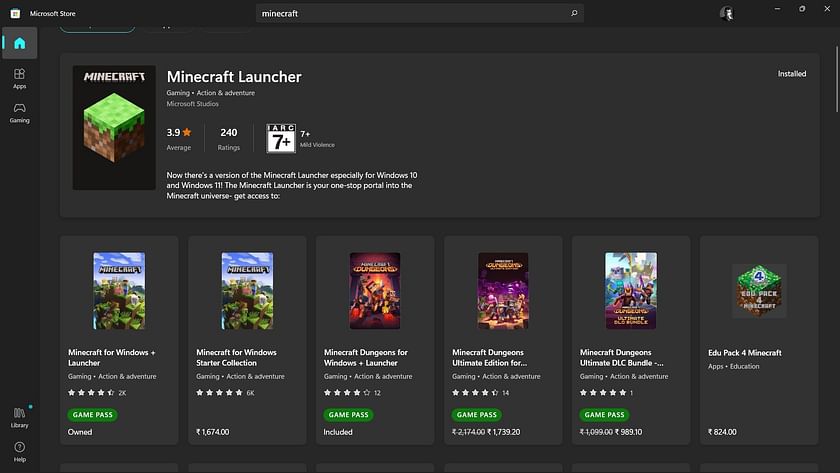 Search result for the game in the Microsoft store (Image via Sportskeeda)