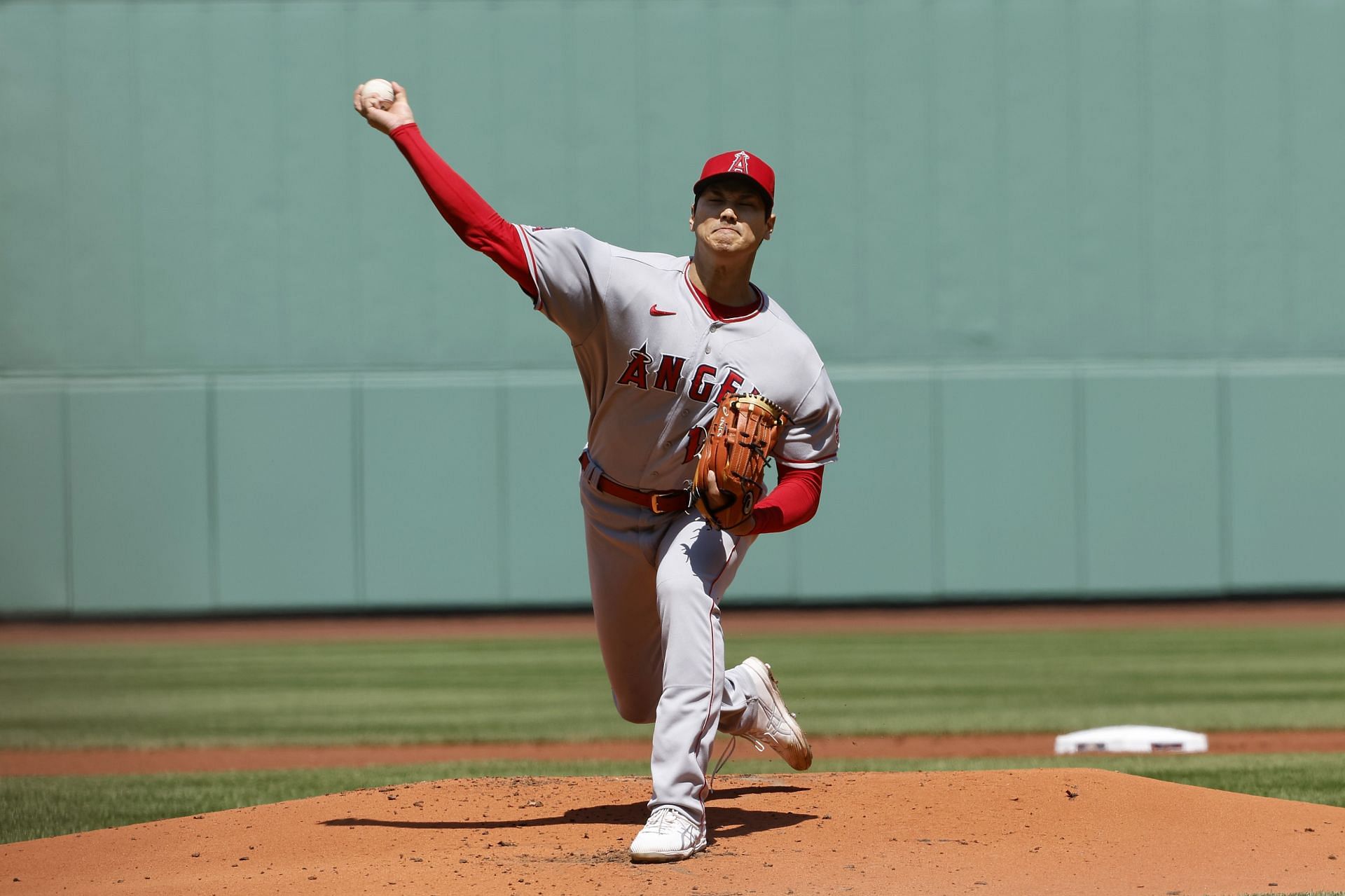Shohei Ohtani of the Los Angeles Angels pitches against the Boston Red Sox.