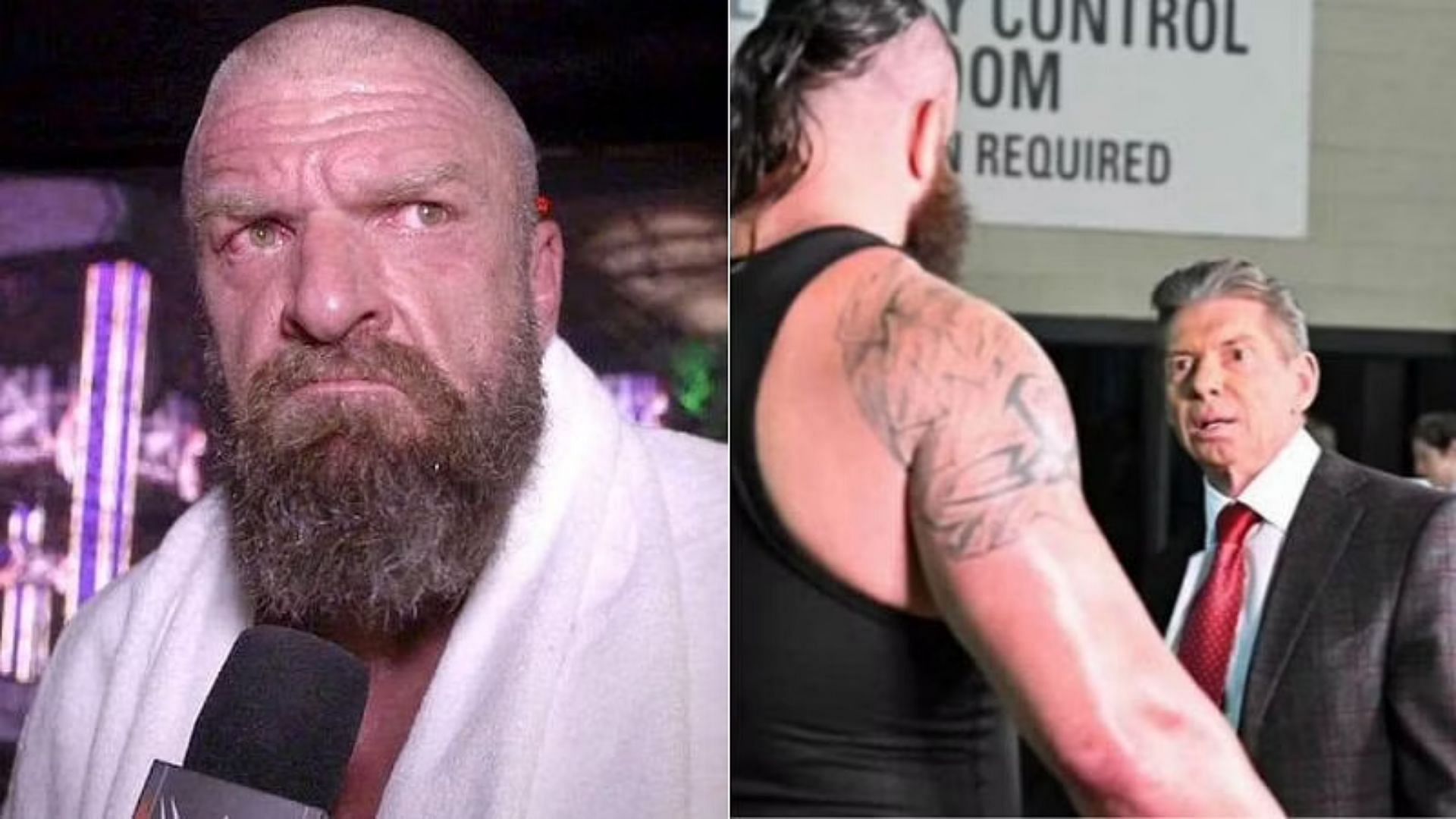 Triple H (left); Braun Strowman and WWE Chairman Vince McMahon (right)