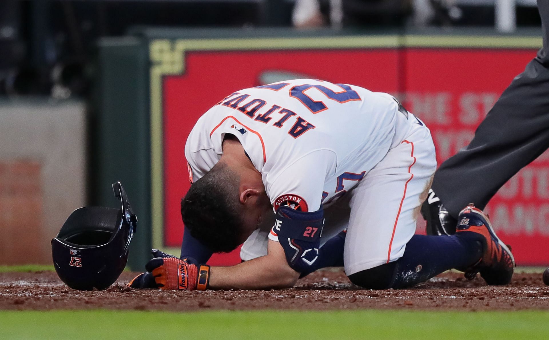 Houston Astros second baseman Jose Altuve collapsed in pain after a foul ball he struck hit his groin. The Houston Astros second baseman was batting .182 on the season