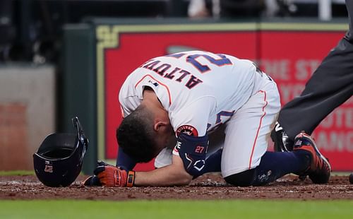 Houston Astros second baseman Jose Altuve collapsed in pain after a foul ball he struck hit his groin. The Houston Astros second baseman was batting .182 on the season